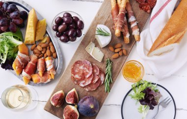 Overhead of charcuterie platter board