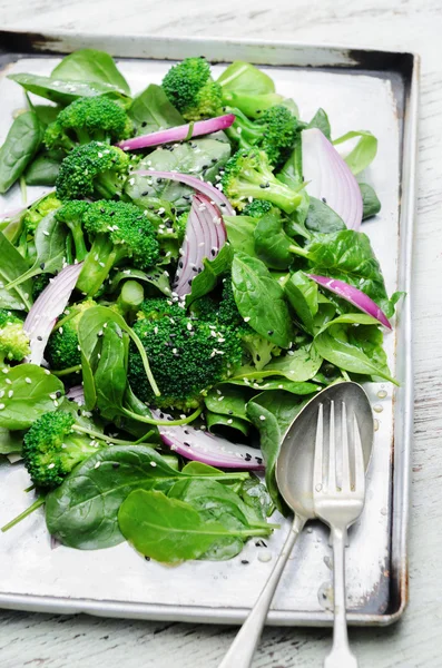 Зеленый салат с семенами и брокколи — стоковое фото