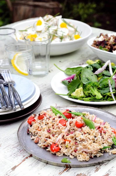 Auswahl an Salatbeilagen für die Mittagsparty — Stockfoto