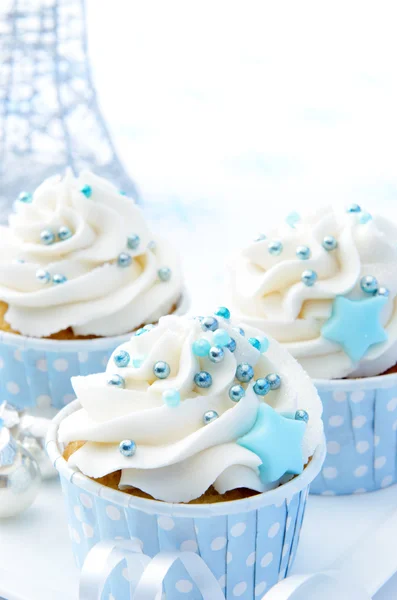 Silver white blue christmas cupcakes — Stock Photo, Image