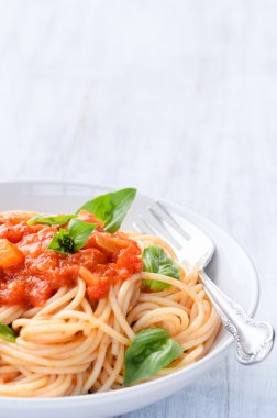 Spagetti domates sos ve taze fesleğen bitki ile