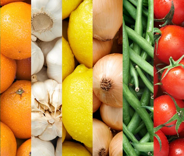 Colourful fruits and vegetables backgrounds collage — Stock Photo, Image