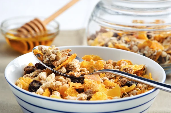 Cereales rellenos de granos nutritivos, avena y pasas —  Fotos de Stock