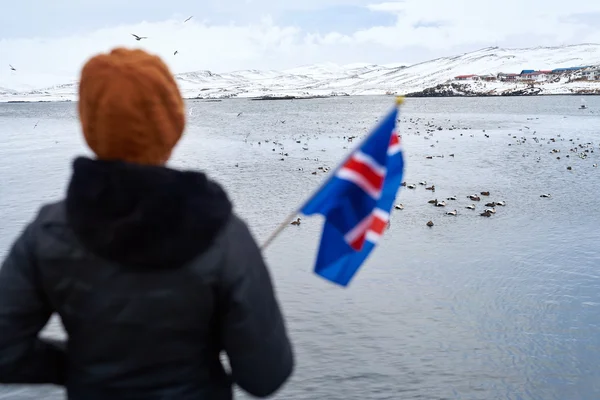 Touristen schwenken isländische Flagge — Stockfoto