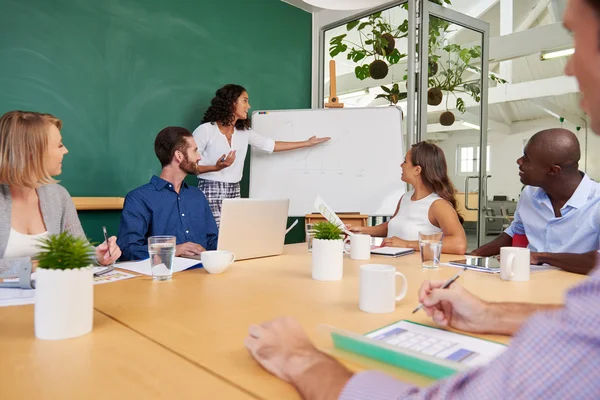 Geschäftsfrau präsentiert Produktivitätstabelle — Stockfoto