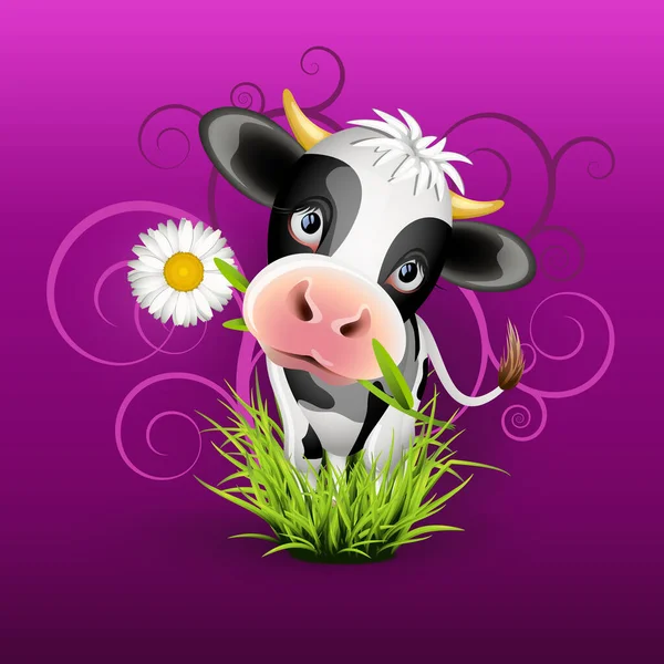 Mignonne Vache Holstein Dans Herbe Verte Sur Violet — Image vectorielle