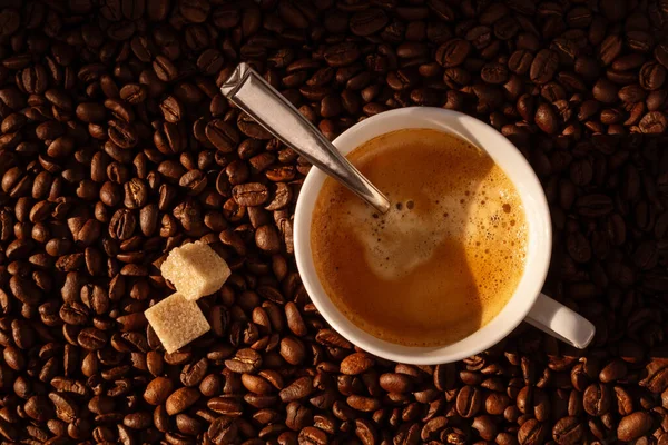 Vit Kaffekopp Och Kaffebönor Runt Ovanifrån — Stockfoto