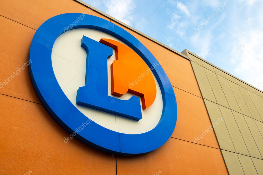 Dinan, Brittany, France - September 14, 2022: E.Leclerc sign, the logo of the famous French supermarket Leclerc