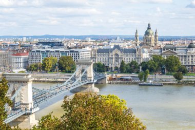Budapeşte manzarası ve Tuna Nehri üzerindeki tarihi Özgürlük köprüsü, sonbaharda (Macaristan).