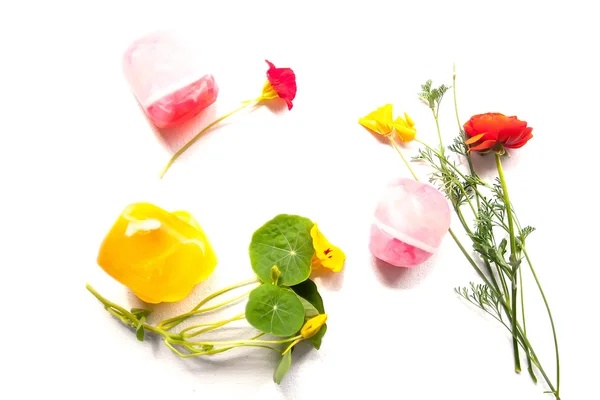 Isolated Rustic Composition of Handmade Soaps, Flowers and Herb — Stock Photo, Image