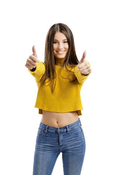 Mujer feliz con pulgares hacia arriba signo —  Fotos de Stock