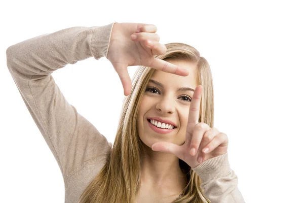 Girl framing her face with her hands — Stock Photo, Image