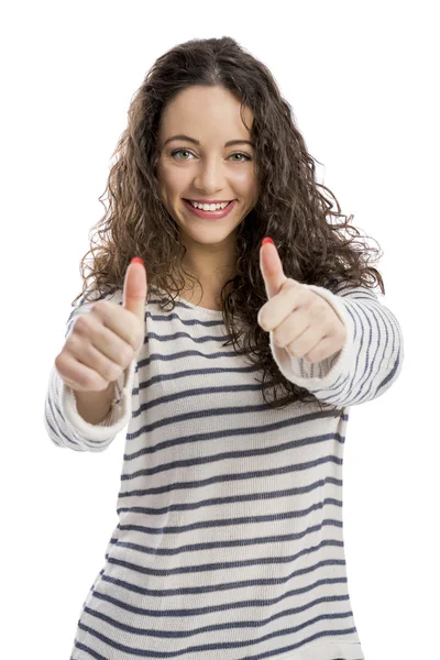 Mujer feliz con pulgares hacia arriba signo —  Fotos de Stock