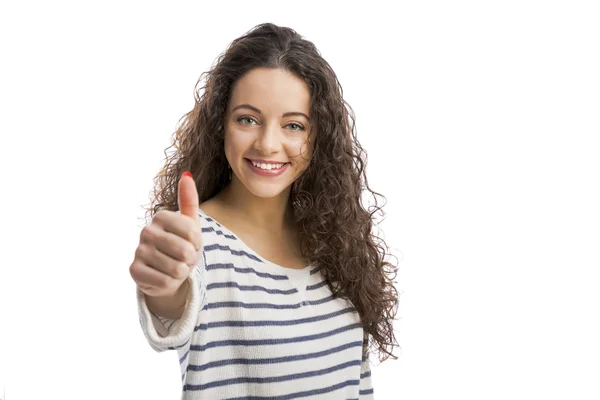 Mujer feliz con el pulgar hacia arriba signo — Foto de Stock