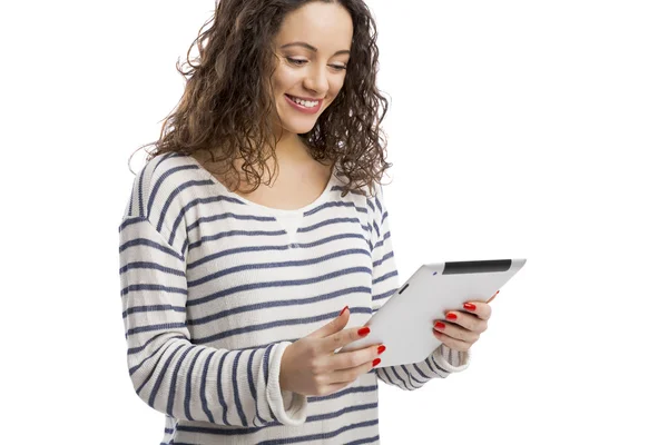 Menina feliz trabalhando com um tablet digital , — Fotografia de Stock