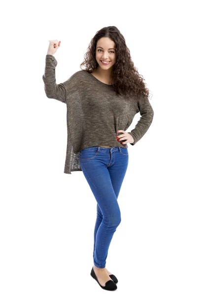 Mujer feliz mostrando un puño — Foto de Stock