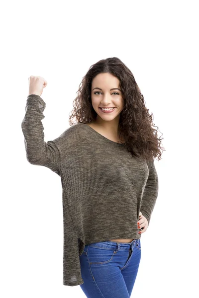 Glückliche Frau zeigt eine Faust — Stockfoto