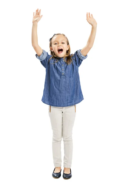 Happy girl with arms raised on air — Stock Photo, Image