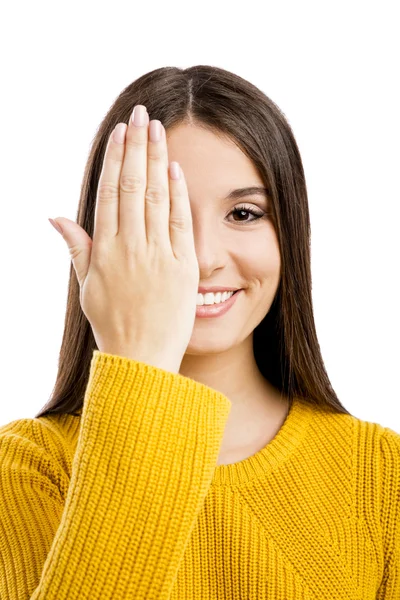 Mujer cubriendo sus propios ojos —  Fotos de Stock