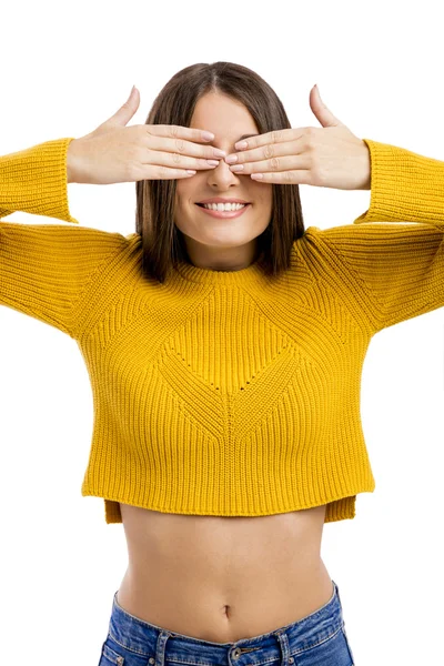 Woman covering her own eyes — Stock Photo, Image