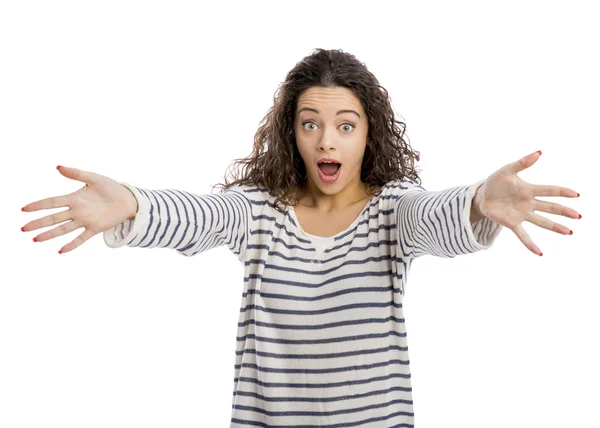 Mulher feliz gesticulando por ambos os braços — Fotografia de Stock