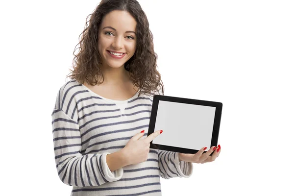 Woman showing something on a digital tablet — Stock Photo, Image