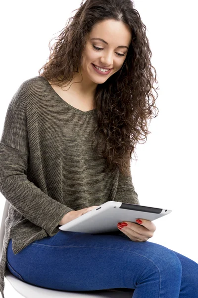 Girl working with digital tablet — Stock Photo, Image