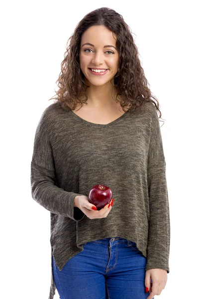 Mujer sosteniendo una manzana roja fresca — Foto de Stock