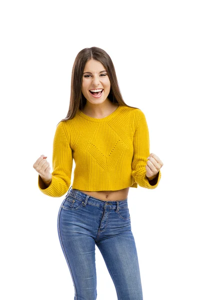 Happy woman with arms up — Stock Photo, Image