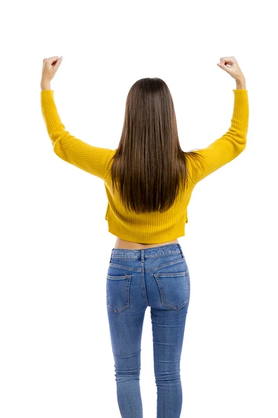 Happy woman with both arms open — Stock Photo, Image