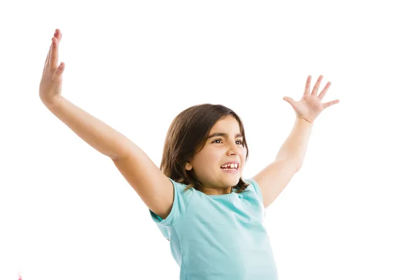 Happy girl with arms raised on air — Stock Photo, Image