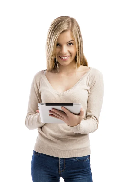 Mädchen arbeitet mit digitalem Tablet — Stockfoto