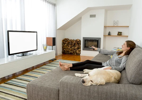 Woman with her best friend at home — Stock Photo, Image