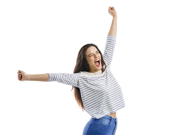 Mulher feliz com braços para cima — Fotografia de Stock