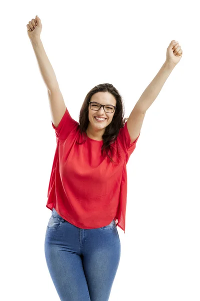 Glad kvinna med armarna upp — Stockfoto