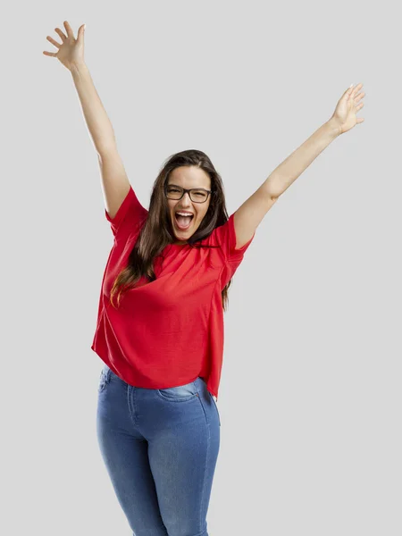Mujer feliz con las manos levantadas —  Fotos de Stock