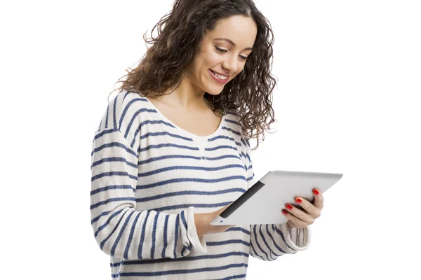 Happy girl working with a digital tablet — Stock Photo, Image