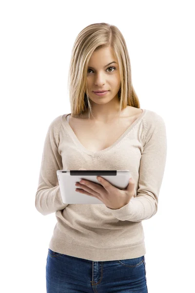 Happy girl working with a digital tablet — Stock Photo, Image