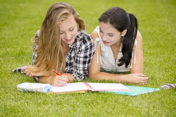 Tenage studenten liggend op het gras — Stockfoto