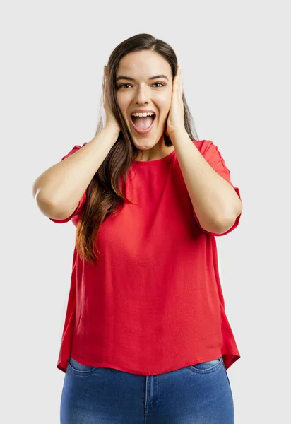 Mujer feliz cubriéndose las orejas con las manos —  Fotos de Stock