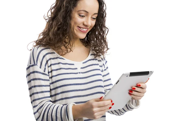Menina trabalhando com um tablet — Fotografia de Stock