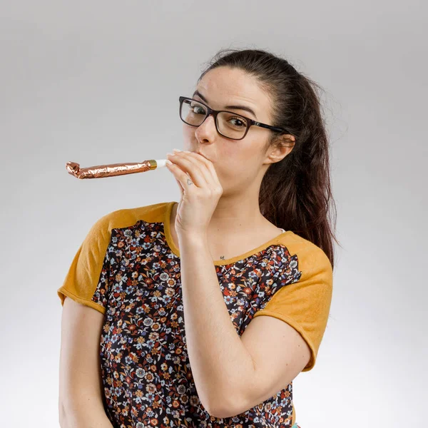 Portrait Beautiful Woman Celebrating Birthday — Stock Photo, Image