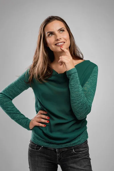 Mulher Bonita Sorrindo Com Mão Queixo Pensando Algo — Fotografia de Stock