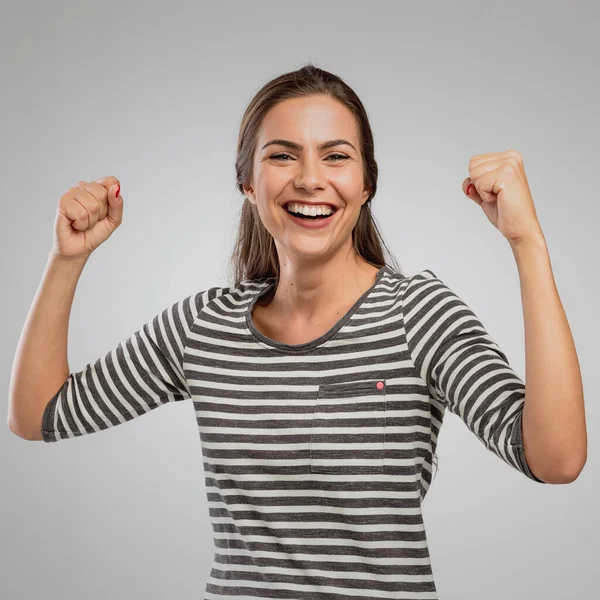 Beautiful Happy Woman Arms Gray Background — Stock Photo, Image