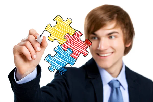 Portrait Young Businessman Drawing Puzzle Glass Board — Stock Photo, Image