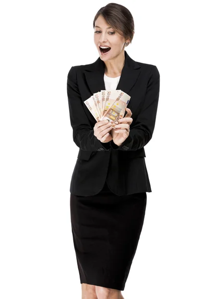 Woman holding euro currency notes — Stock Photo, Image