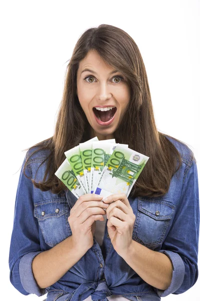 Mujer sosteniendo algo de euro — Foto de Stock