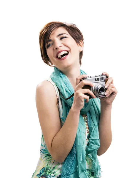 Vrouw met een vintage camera — Stockfoto