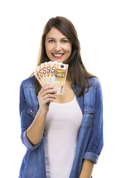 Žena držící bankovky některé euro — Stock fotografie