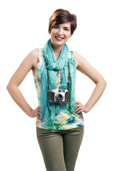 Donna con una fotocamera vintage — Foto Stock